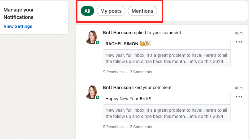 This is a screenshot that shows the notification categories on LinkedIn